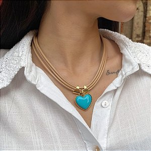 Colar Nude com Coração Turquesa