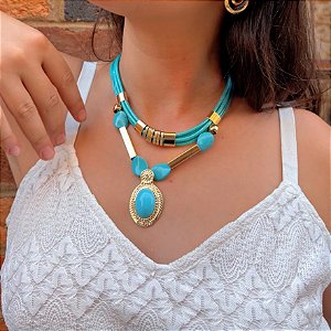 Maxi Colar Turquesa com Howlita Azul e Resina