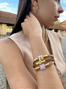 Pulseira Couro Camurça e Cristais com Fecho de Imã