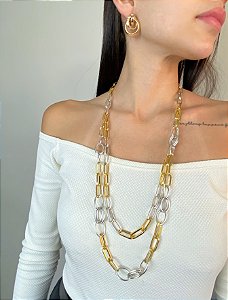 Colar Longo Prata e Dourado Duas Voltas