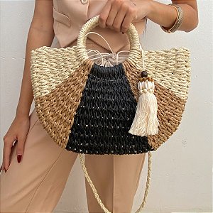 Bolsa Grande Palha Tricolor com Pingente