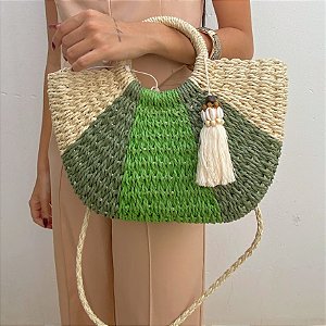 Bolsa Grande Tricolor Verde em Palha