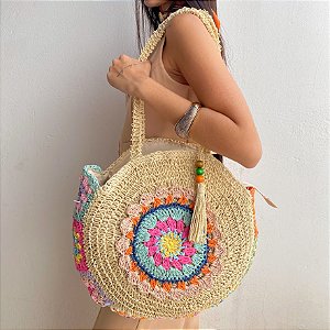 Bolsa Grande em Palha Clara e Palha Colorida Tingida