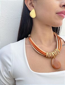Maxi Colar Laranja com Gota em Aventurina