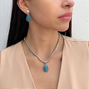 Conjunto Colar e Brinco na Cor Prata com Gota em Ágata Azul
