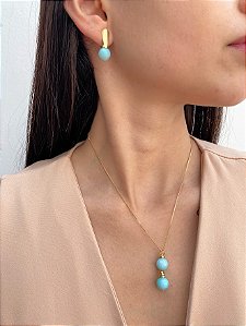 Conjunto Colar e Brinco com Esferas em Ágata Azul