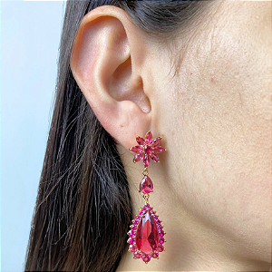Brinco Elegante Pink de Cristais em Vidro
