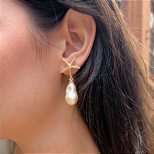 Brinco Estrela com Pingente em Pérola Estilo Boho