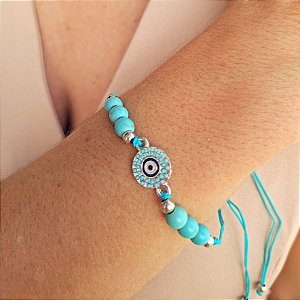 Pulseira Regulável Turquesa com Olho Grego