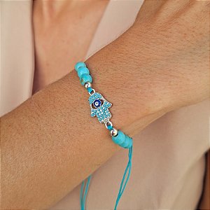 Pulseira Regulável Turquesa com Mão de Fátima