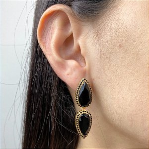 Brinco Gota Dourado e Preto em Cristais