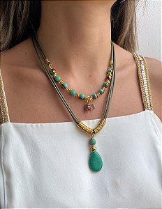 Colar Duas Voltas com Pedra Howlita Verde