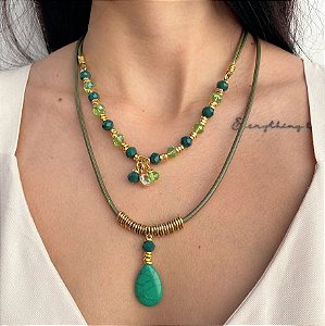 Colar Duas Voltas com Pedra Howlita Verde