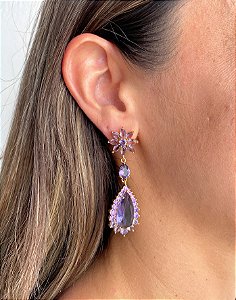 Brinco Elegante Lilás de Cristais em Vidro