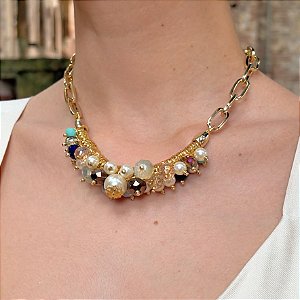 Colar Corrente com Cacho em Pérolas e Cristais