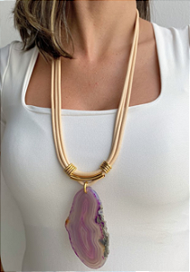 Colar Longo com Fio Encerado e Geodo Ametista