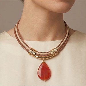 Colar Nude e Marrom com Gota Ágata de Fogo