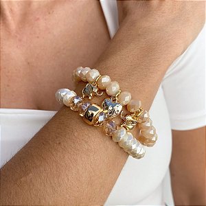 Pulseira Duas Voltas em Pérola e Cristais em Vidro
