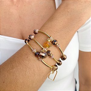 Pulseira Três Voltas Marrom em Cristais de Vidro