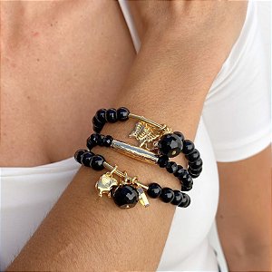 Pulseira Black Três Voltas em Resina e Cristais em Vidro