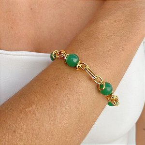 Pulseira Banhada com Esferas em Jade Verde