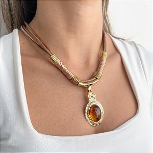 Colar Marrom com Pingente Resina Oval
