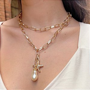 Colar em Correntes Duas Voltas e Pingente Pérola Boho