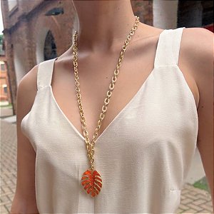 Colar Longo Banhado e Costela de Adão Laranja