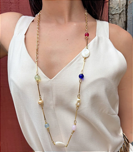 Colar Longo com Cristais e Pedras Naturais