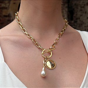 Colar Banhado Gratidão com Pérola estilo Boho