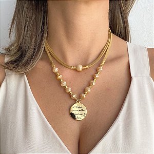 Colar em Camurça Duas Voltas Nude com Cristais