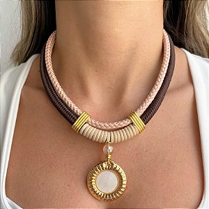 Maxi Colar Fio Corda Marrom e Rosa