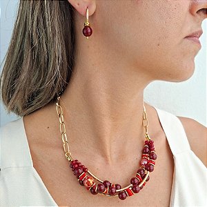 Conjunto Colar e Brinco em Cristais e Resina Marsala