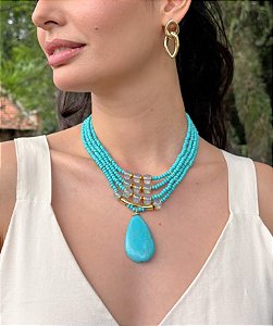 Maxi Colar Turquesa com Miçangas e Gota em Howlita Azul