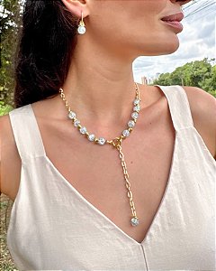 Conjunto Colar e Brinco em Cristal Bombardeado