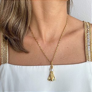 Colar Curto Banhado com Nossa Senhora e Pérola