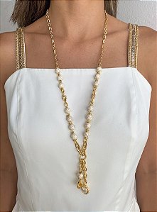 Colar Longo Banhado com Howlitas Brancas