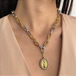 Colar Duo Prata e Dourado com Medalha São Miguel
