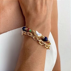 Pulseira Duas Voltas em Cristais e Pérola Estilo Boho