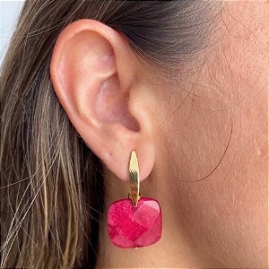 Brinco Banhado com Ágata Vermelha Quadrada