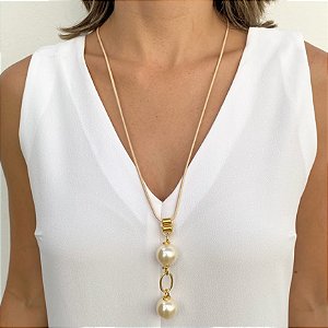Colar Longo em Fio Encerado e Pingente Pérolas