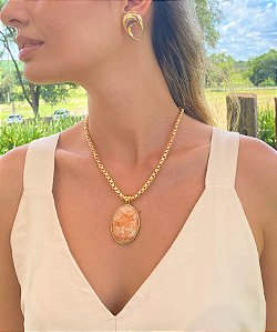 Colar Corrente Resina Laranja Mesclada