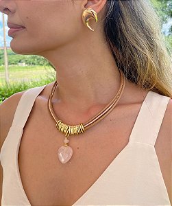 Colar Couro com Coração Quartzo Rosa