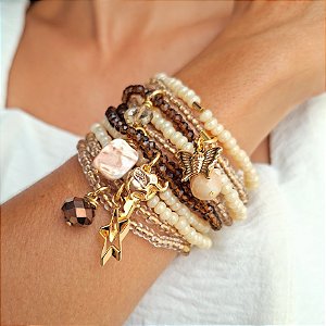 Maxi Pulseira Nude e Marrom Pingentes