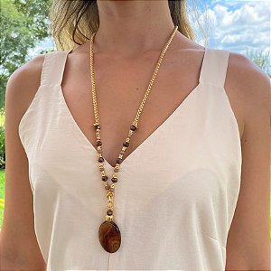 Colar Longo Cristais e Ágata Marrom