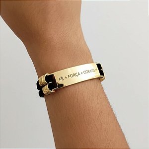 Pulseira Preta Camurça 'Fé Força Coragem'