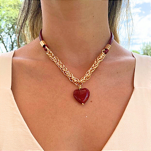 Colar Curto Marsala Coração Ágata de Fogo