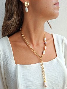 Conjunto Colar e Brinco pérola Shell Estilo Boho