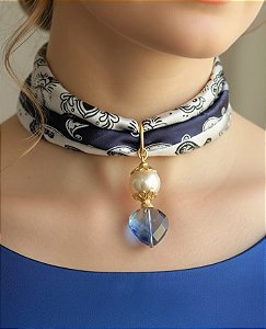 Colar Lenço Azul Pérola e Pedra Natural