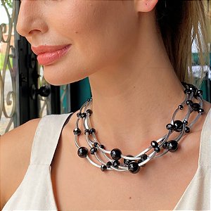 Colar Canos Prata e Cristais Preto